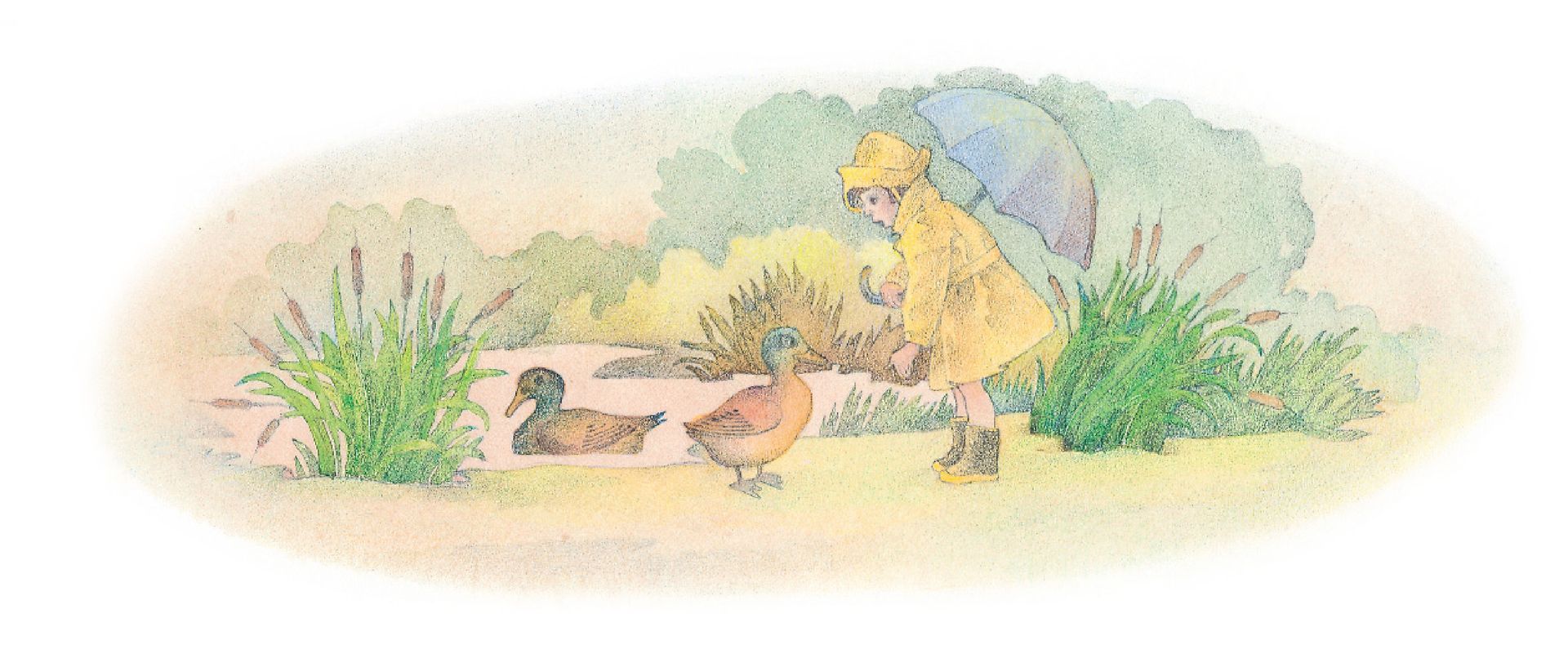A child in a raincoat with an umbrella, walking near a river with a duck. From the Children’s Songbook, page 264, “Happy Song”; watercolor illustration by Richard Hull.