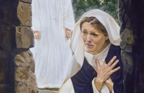 抹大拉的馬利亞往空墳裡面看時，基督出現在她身後。
