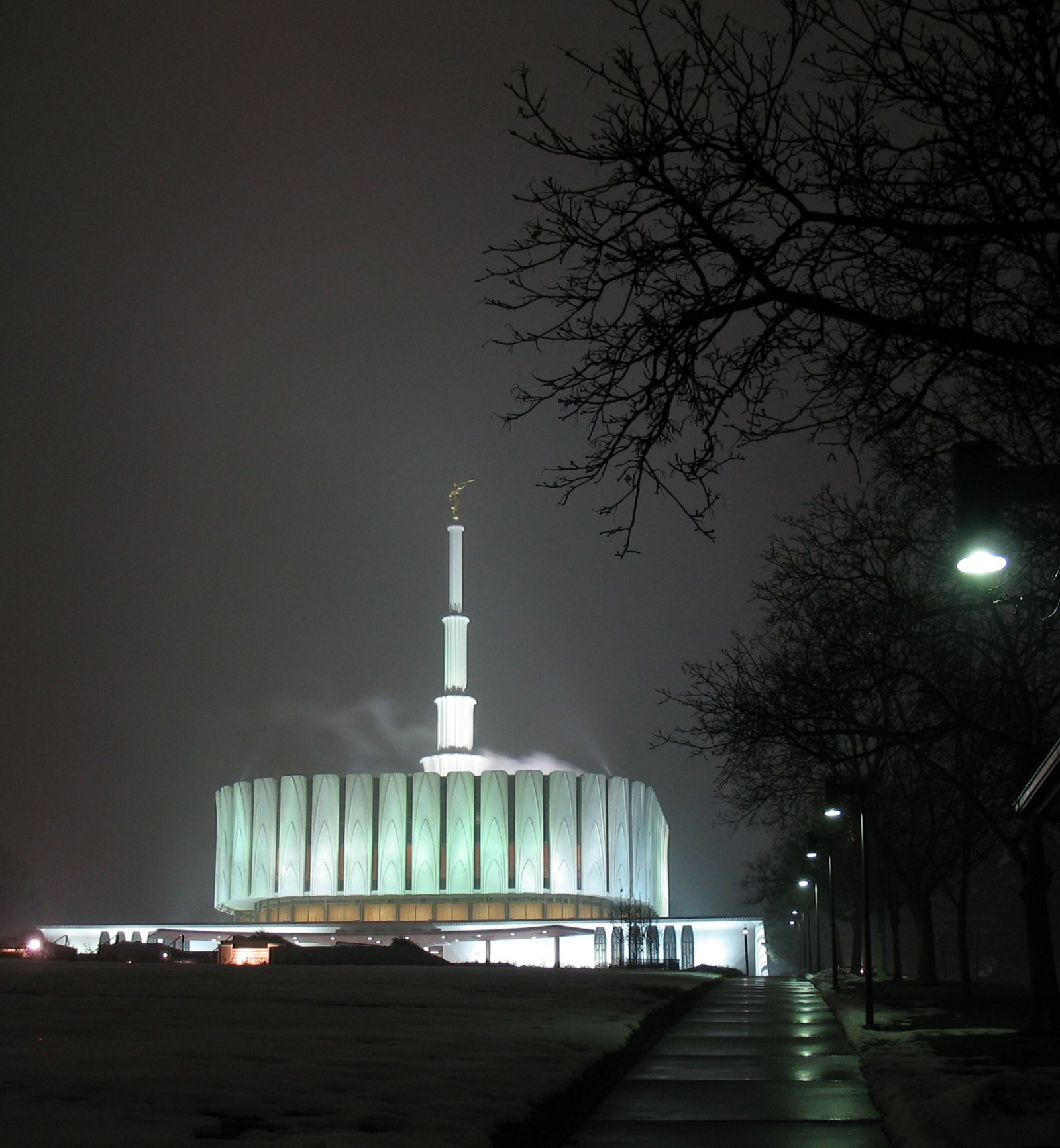 The Provo Utah Temple in the evening, including scenery.