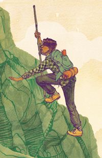 illustration of young man climbing a cliff