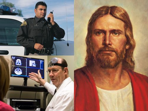 uniformed police officer, doctor showing x-rays, Lord Jesus Christ