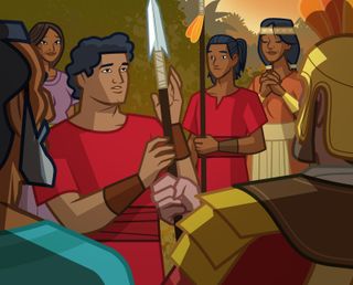 the sons get spears from a Nephite soldier, and their mothers and fathers pray and watch