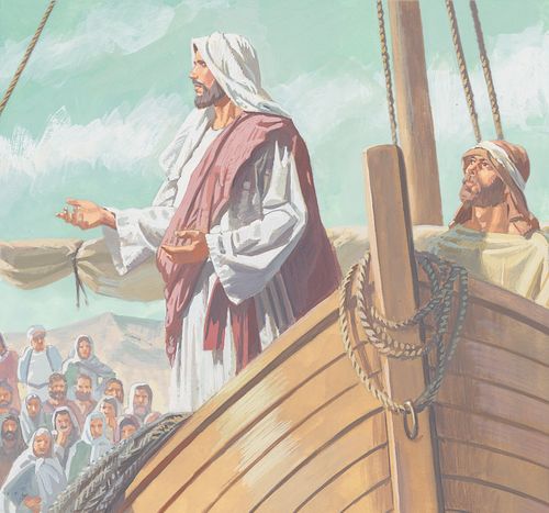 Jesus teaches people from a boat on the shore of the Sea of Galilee - ch.18-1