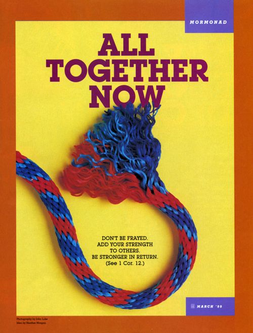 A conceptual photograph of the end of a frayed red and blue rope, paired with the words “All Together Now.”