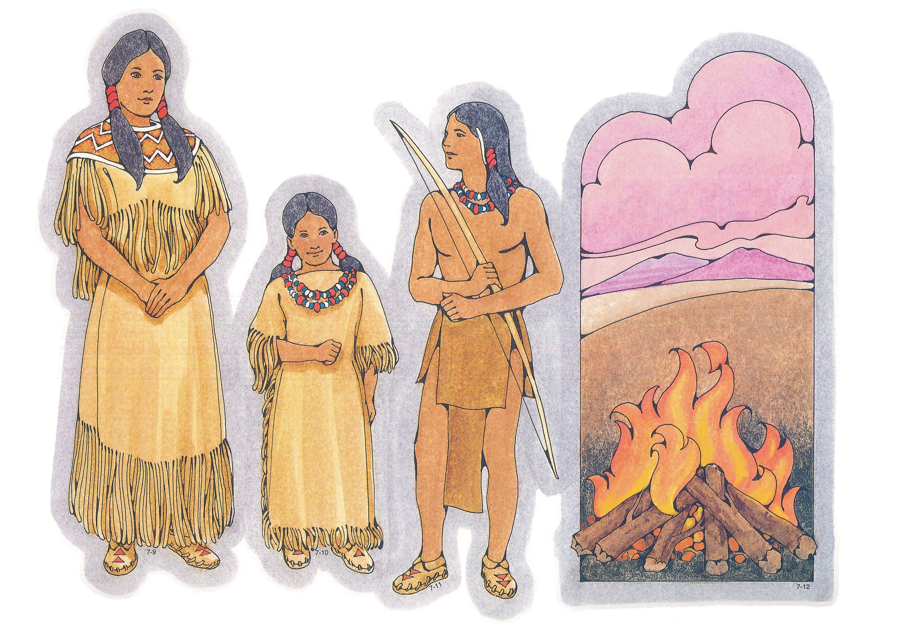 Primary Visual Aids: Cutouts 7-9, Young Woman; 7-10, Young Girl; 7-11, Young Man with Bow and Arrow; 7-12, Campfire.