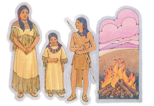 Primary cutouts of a young Indian woman, a young Indian girl, a young Indian man holding a bow, and a campfire with mountains and clouds in the distance.