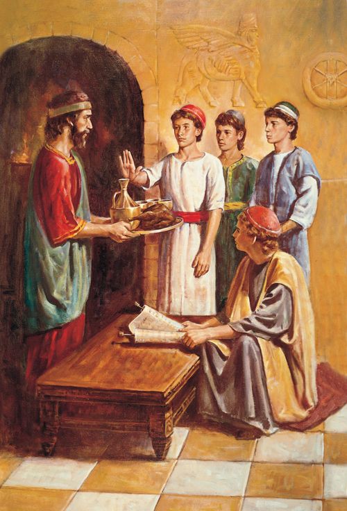A painting by Del Parson showing Daniel and his friends refusing the meat and wine being offered to them.