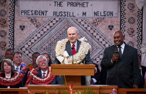 President Nelson speaking at a devotional in Fiji