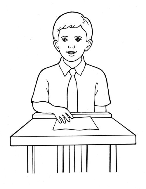A black-and-white illustration of a young boy in a short-sleeved shirt and a tie, standing at a small podium talking, with a sheet of paper in front of him.