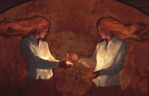 painting of a woman handing a light to someone