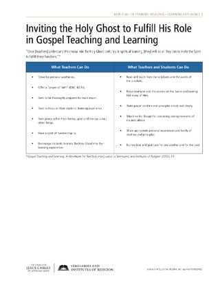 handout, Inviting the Holy Ghost to Fulfill His Role in Gospel Teaching and Learning