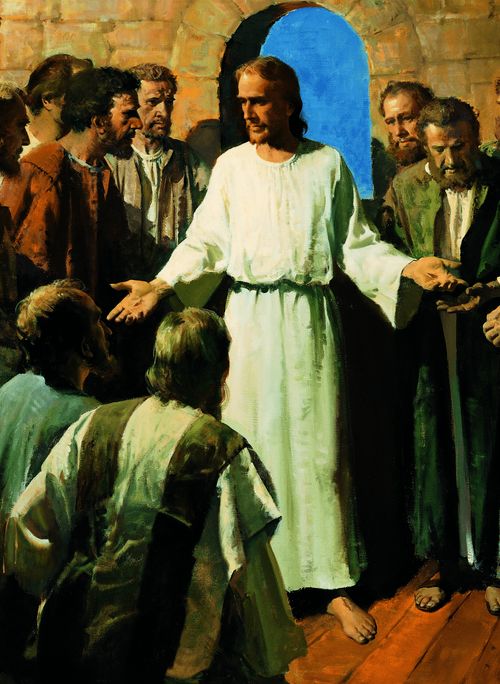 The resurrected Jesus Christ appearing to the Apostles in an upper room. Christ has His hands outstretched as He shows the prints of the nails in His hands to the Apostles. The Apostles are gathered around Christ and look at Him in wonder.