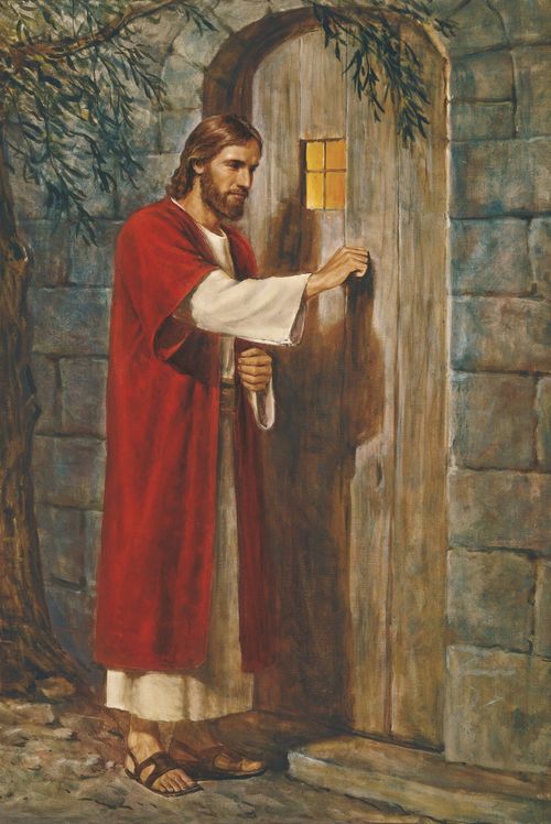 Jesus Christ depicted knocking on a door. Christ is portrayed wearing red and white robes. The painting illustrates the concept of Christ "knocking on the door," as described in scripture. There is no doorknob depicted in the painting, symbolizing that the door must be opened from within.