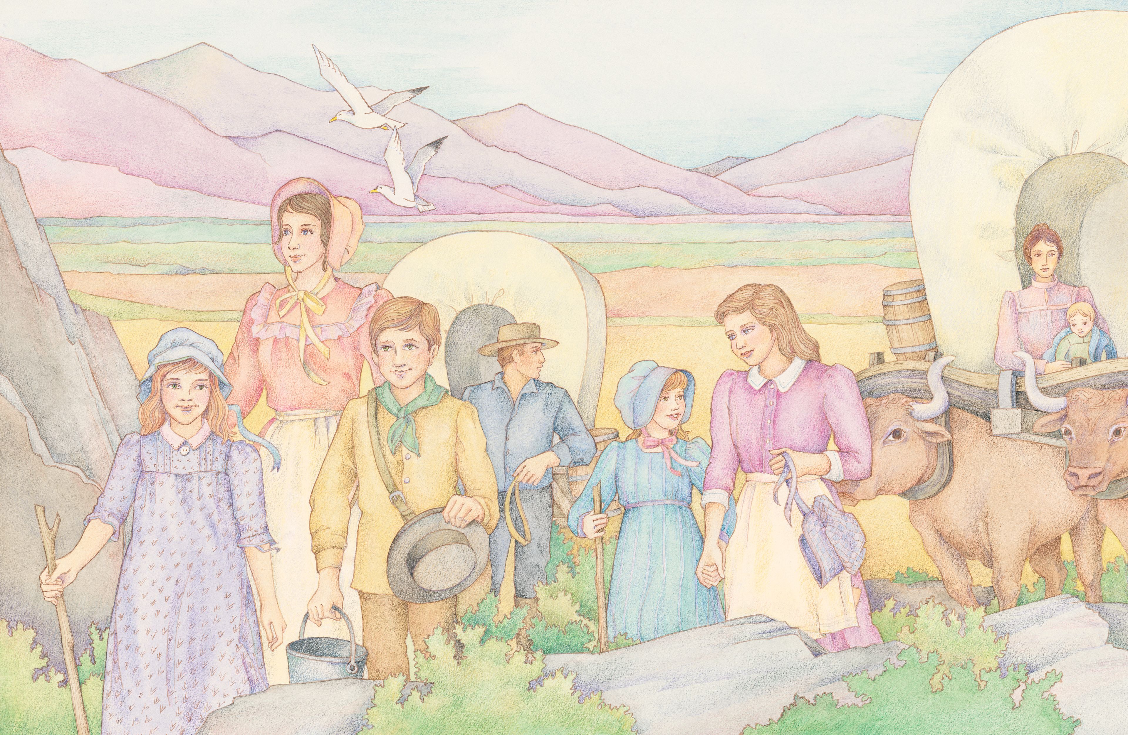 A group of pioneers traveling in covered wagons over the plains. From the section “Heritage” in the Children’s Songbook, pages 212–213; watercolor illustration by Phyllis Luch.