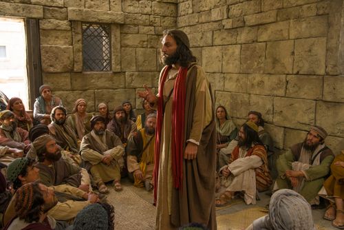 Peter and James speak to the apostles, elders and other members at Jerusalem on the matter of circumcision. Outtakes: include some of the people shooting the film, different shots of the group of people listening.