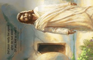 Resurrected Jesus Christ standing outside tomb