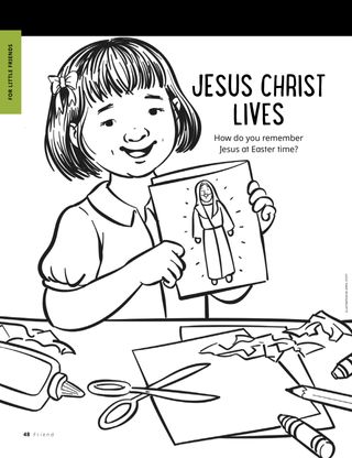 Coloring page of child holding a picture of Jesus