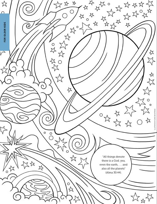 Coloring page PDF with image of planets and stars in space