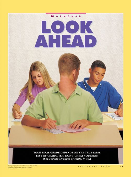 An image of a young man sitting at a desk with his head facing backwards to cheat, paired with the words “Look Ahead.”