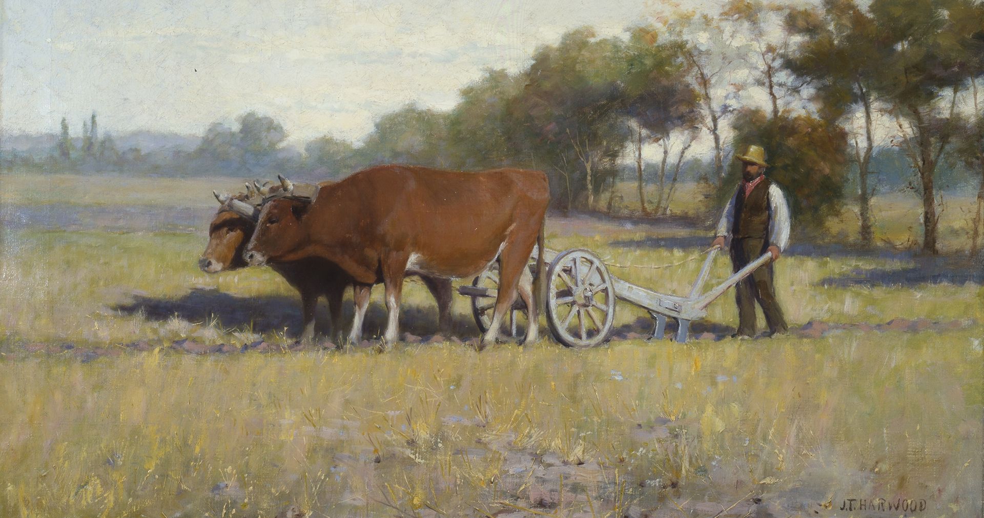 Painting depicts oxen pulling plow, by J.T. Harwood.