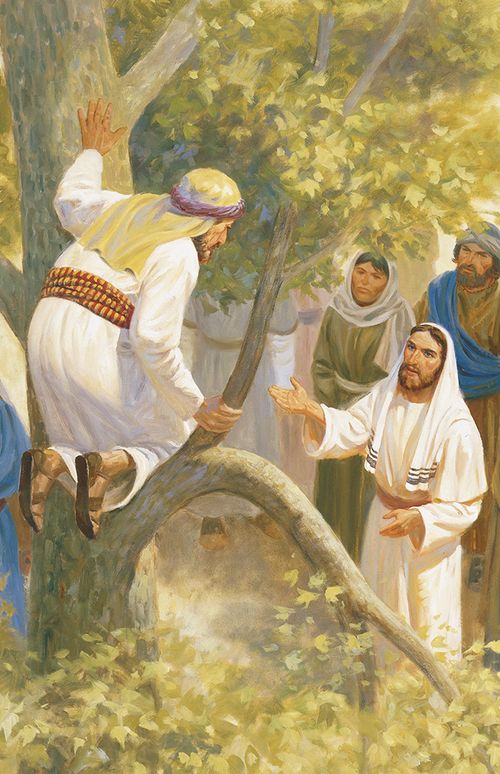 Christ standing at the base of a tree with His followers. He is beckoning to Zacchaeus, a Publican of short physical stature, who kneels on a branch in the tree. The painting depicts the event wherein Zacchaeus climbed a tree in order to see Christ amidst a large throng of people.