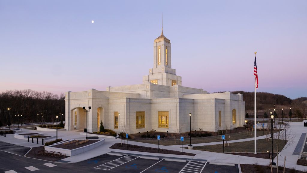 Exterior images of the Pittsburgh Pennsylvania Temple taken during the early morning. 