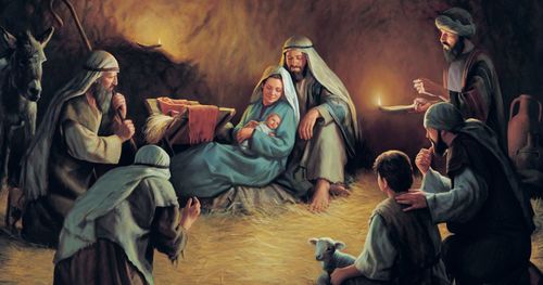 Nativity scene depicting Mary holding the infant Jesus Christ. Joseph is sitting next to Mary. A group of shepherds are gathered around Mary and Joseph. The shepherds are kneeling before the infant Christ.