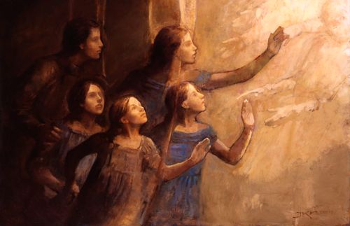 painting of children touching angels through the veil