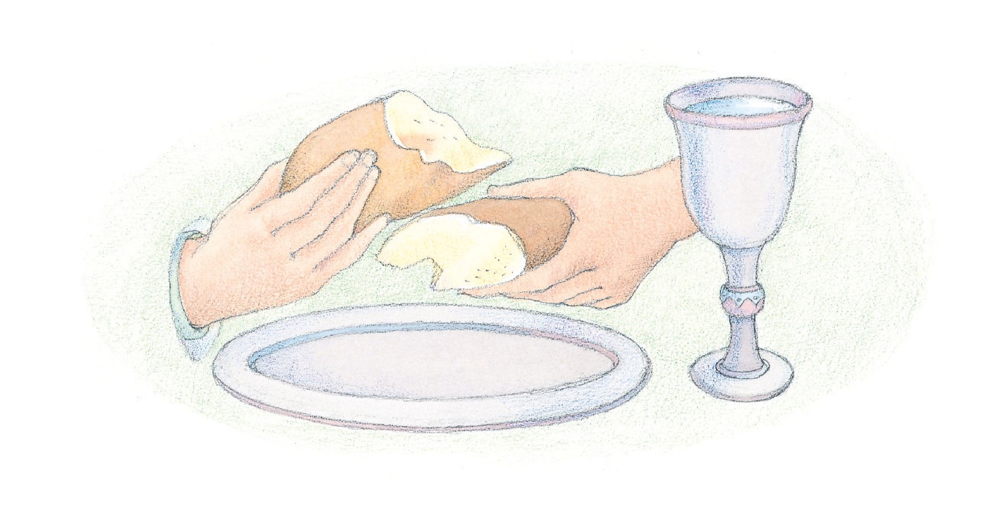 Hands breaking bread at a table. From the Children’s Songbook, page 72, “The Sacrament”; watercolor illustration by Phyllis Luch.