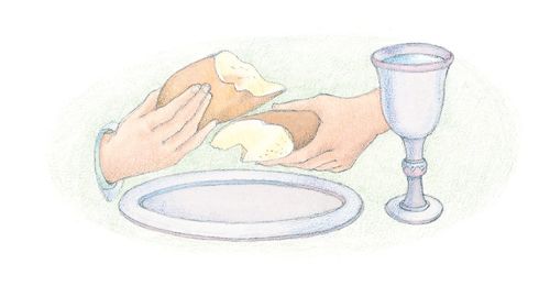 A watercolor illustration of two hands breaking a loaf of bread in two, with a goblet of liquid nearby.
