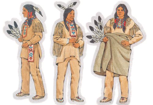 Three Primary cutouts of an Indian man holding three feathers, an Indian man standing with two feathers in his hair, and an Indian man holding a blanket.