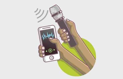 hand holding a cell phone; hand holding a microphone