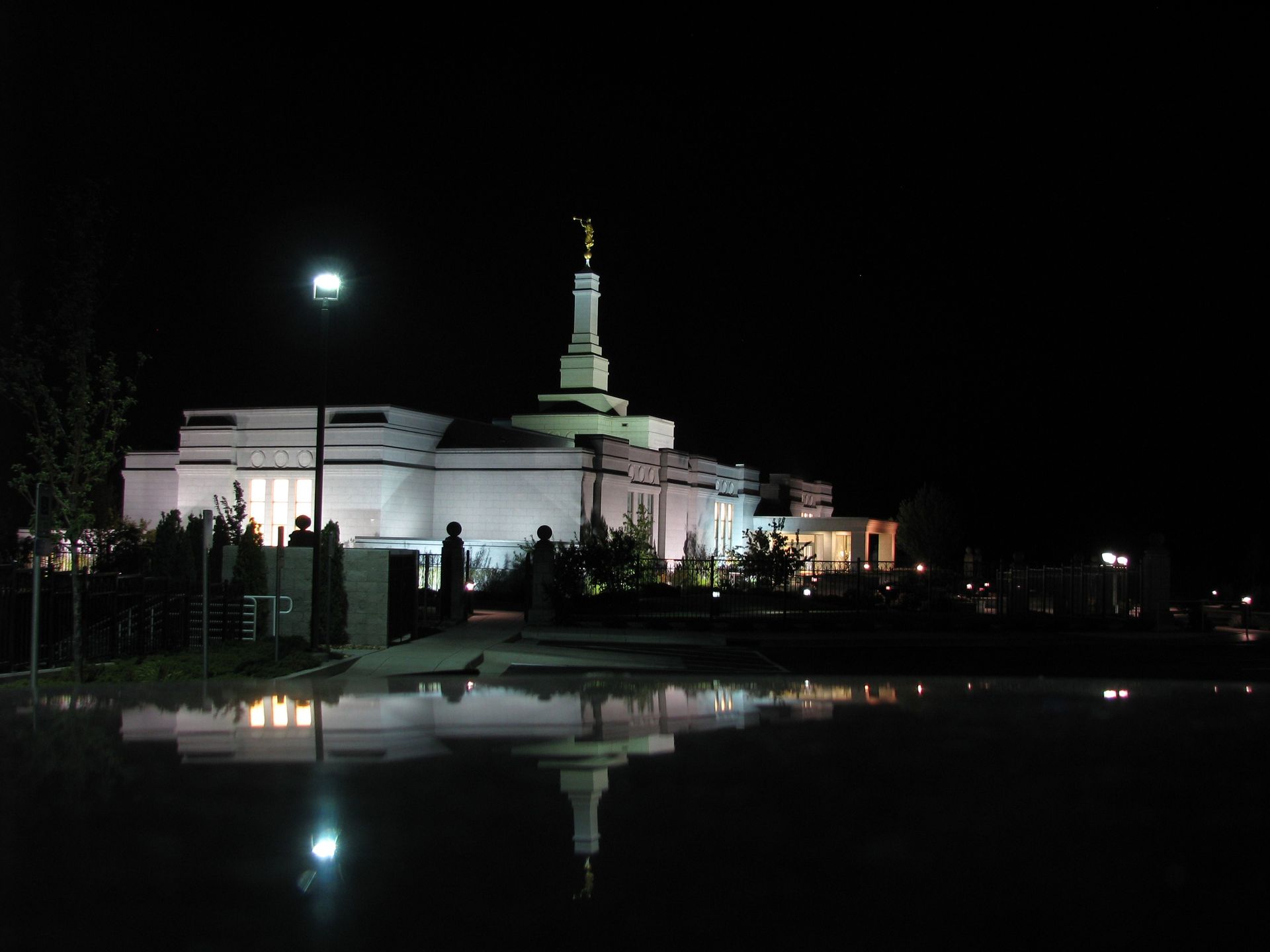 The Reno Nevada Temple in the evening, including the grounds.