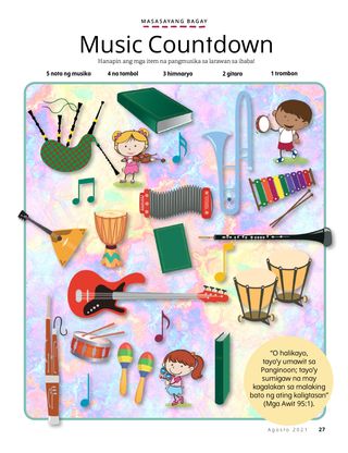 page with musical instruments scattered around