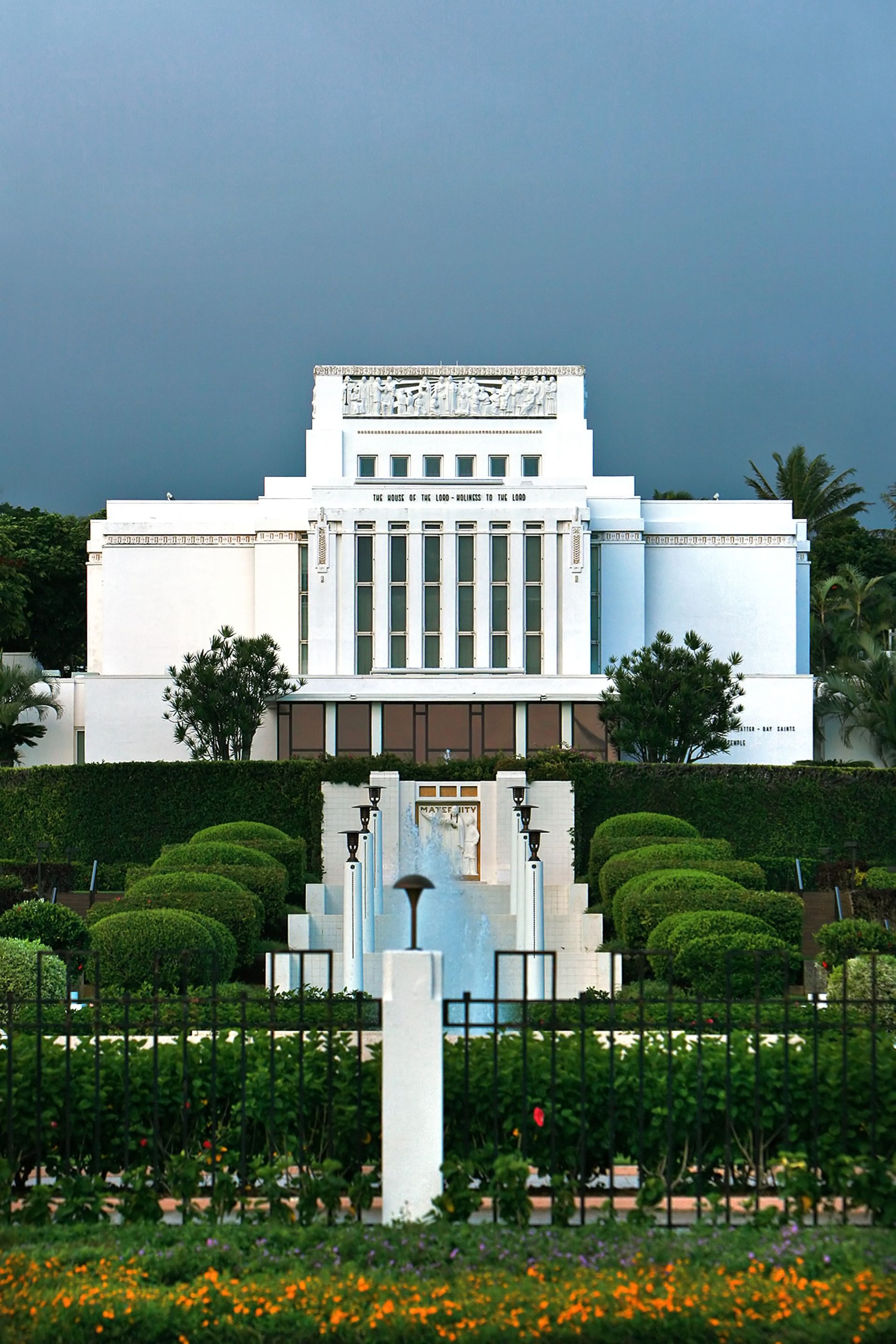 The Laie Hawaii Temple, including the entrance and scenery.