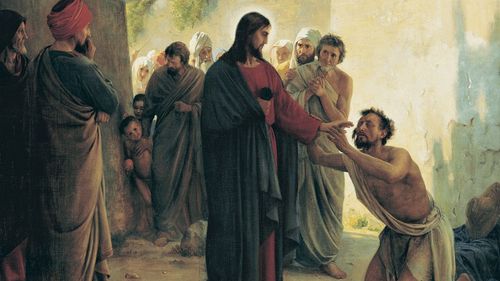 painting of a blind man reaching for Jesus