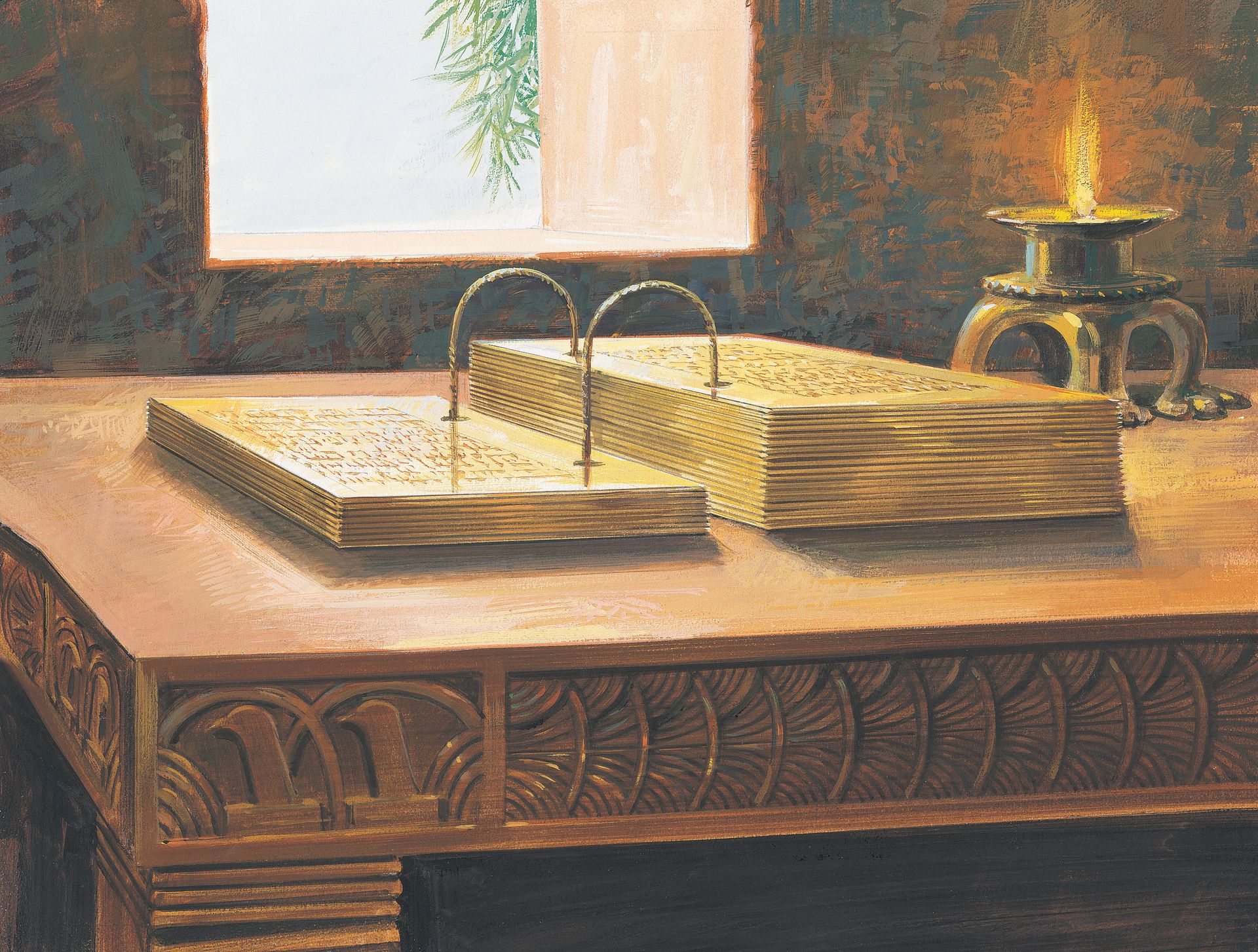 A painting by Jerry Thompson depicting the gold plates lying open on a table.