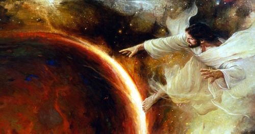 One oil on wood panel painting of the creation of the earth and the heavens. a large red orb is at left with Christ in white robes at left. His robes and hair are billowing around him as though in a great wind. He is barefoot and has both hands stretched out toward the orb.