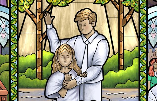 stained-glass image of girl being baptized by young man