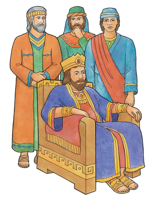 An illustration of King Noah from the Book of Mormon, dressed in royal clothing and sitting on a throne, with three of his priests standing around him.
