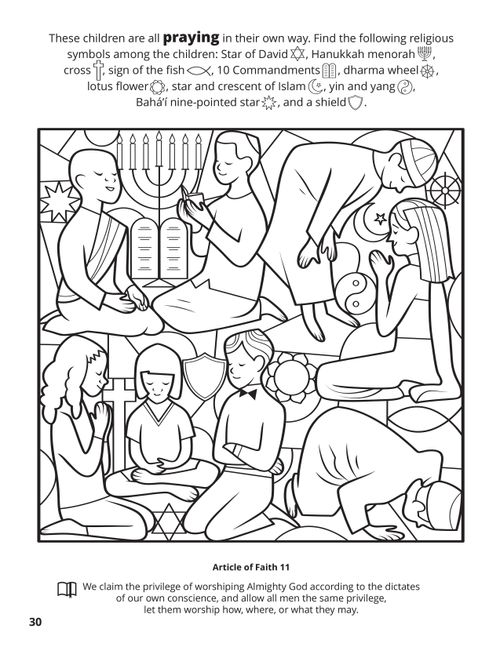 A line image depicting children of different religions praying in their own way with a seek and find game of hidden religious symbols.