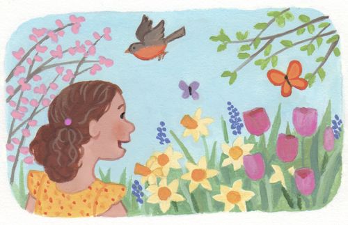 girl looking at birds and flowers