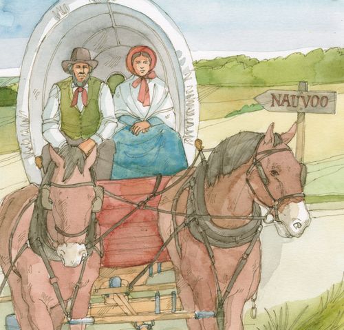 Sidney Rigdon and his wife in a covered wagon leaving Nauvoo. Chapter 58-3 (D&C 124:108-109)