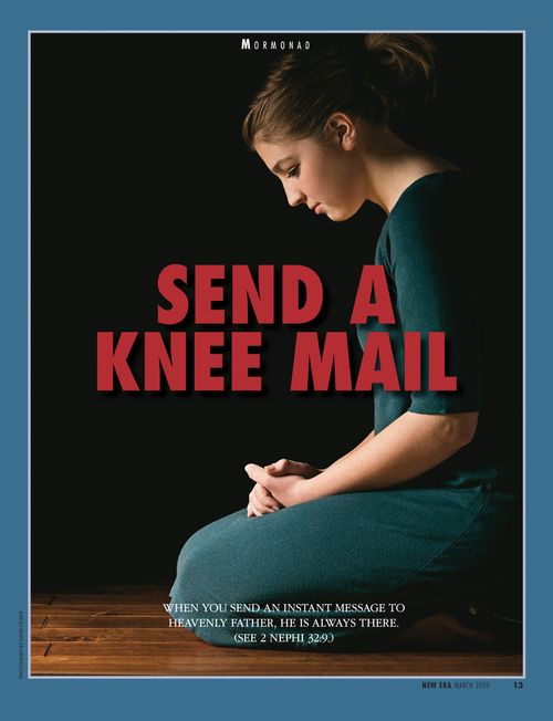 A poster showing a young woman kneeling to pray with the words “Send a Knee Mail” in the center.