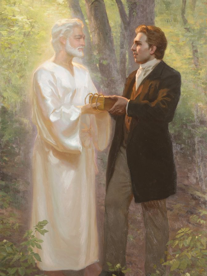 'Joseph Returns the Gold Plates to Moroni' artwork featuring the Angel Moroni handing Joseph Smith the Gold Plates.