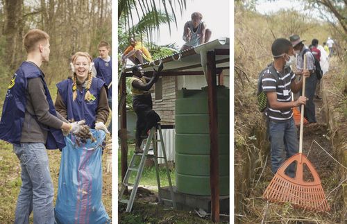 Three images: 1)  In Latvia, members—dressed in Mormon Helping Hands vests and T-shirts—cleaned a community area, gathering 70 bags of trash. 2)  In the Solomon Islands, members helped install tanks to provide clean water for about 2,000 people. 3)  In Honduras, 600 Latter-day Saint youth worked alongside community members and medical and military representatives to clean areas that attract mosquitoes.