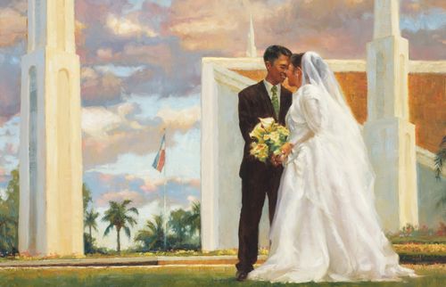 A colorful illustration of a bride and groom holding a large bouquet of flowers and standing in front of a temple.