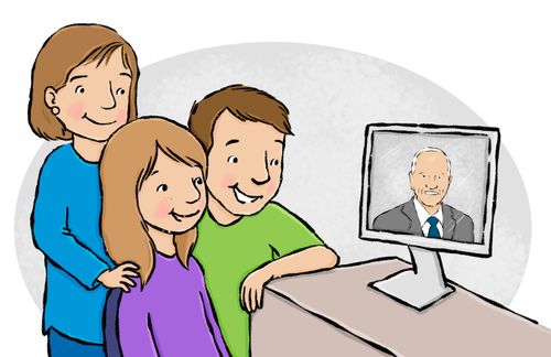 girl and family watching conference on TV