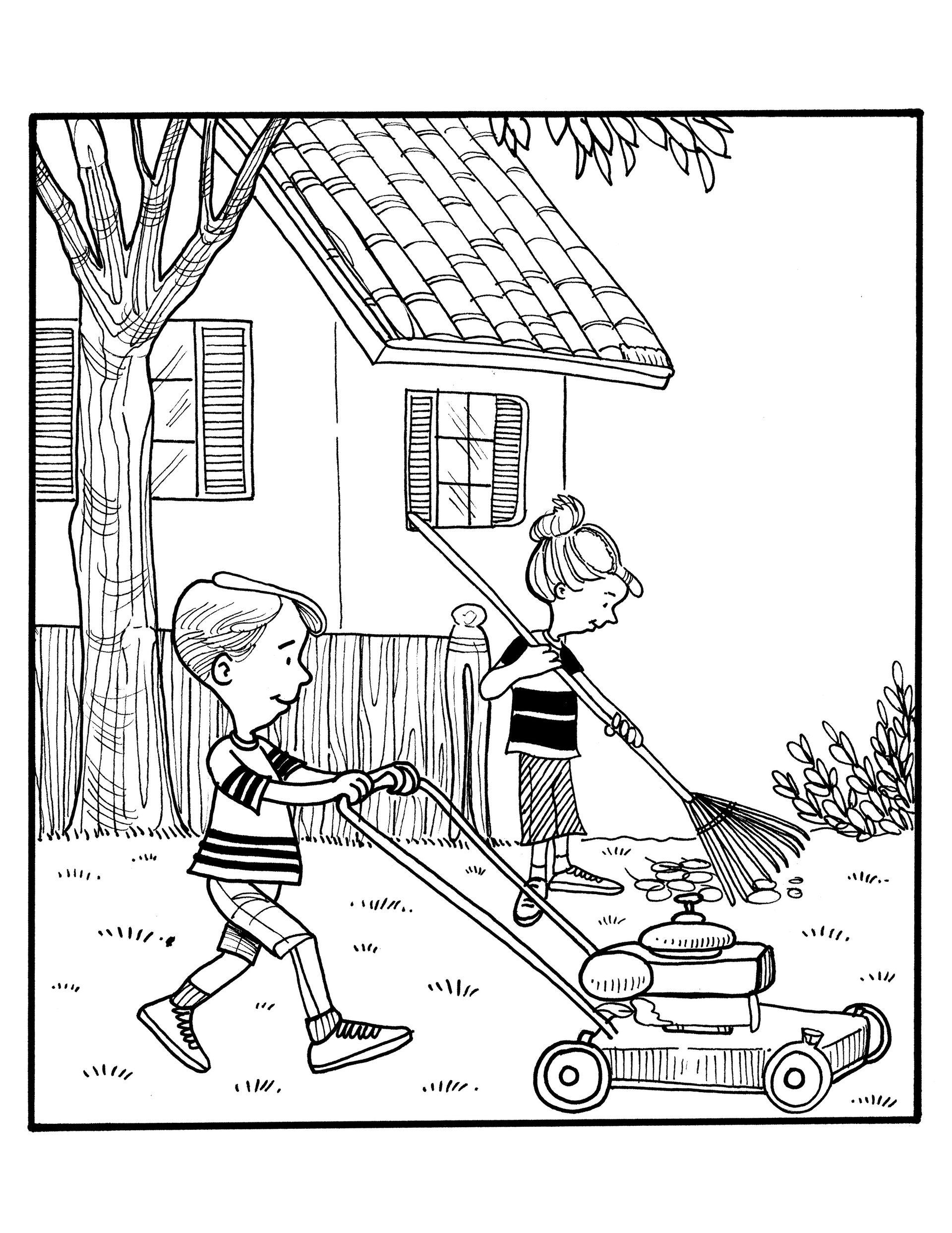 A boy and a girl clean up a yard together.
