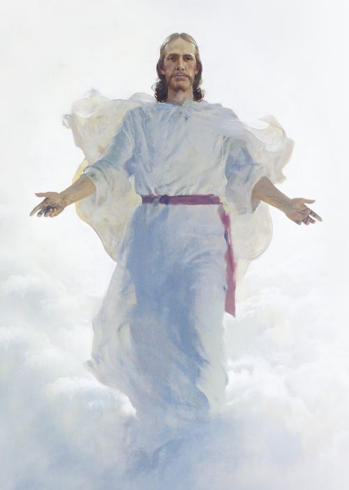 Christ decending from heaven at His Second Coming. He is standing in the clouds.